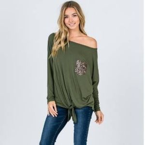 Olive Green Sequin Pocket Off Shoulder Top